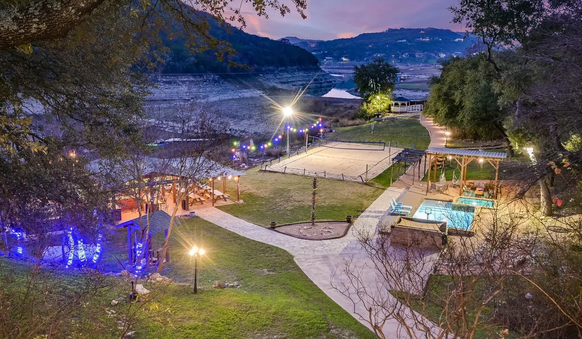 Camp Sandy property at twilight — full overview