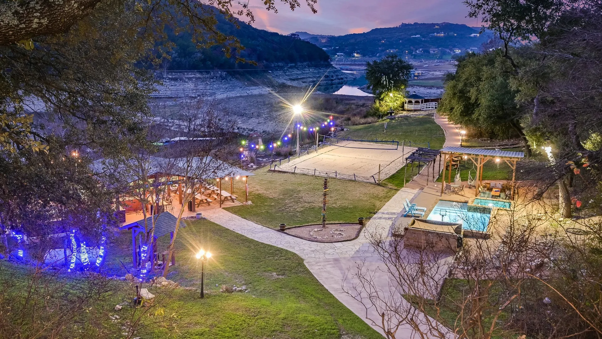 Camp Sandy property at twilight