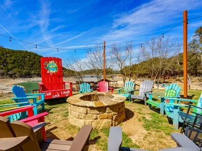 Fire pit with colorful chairs