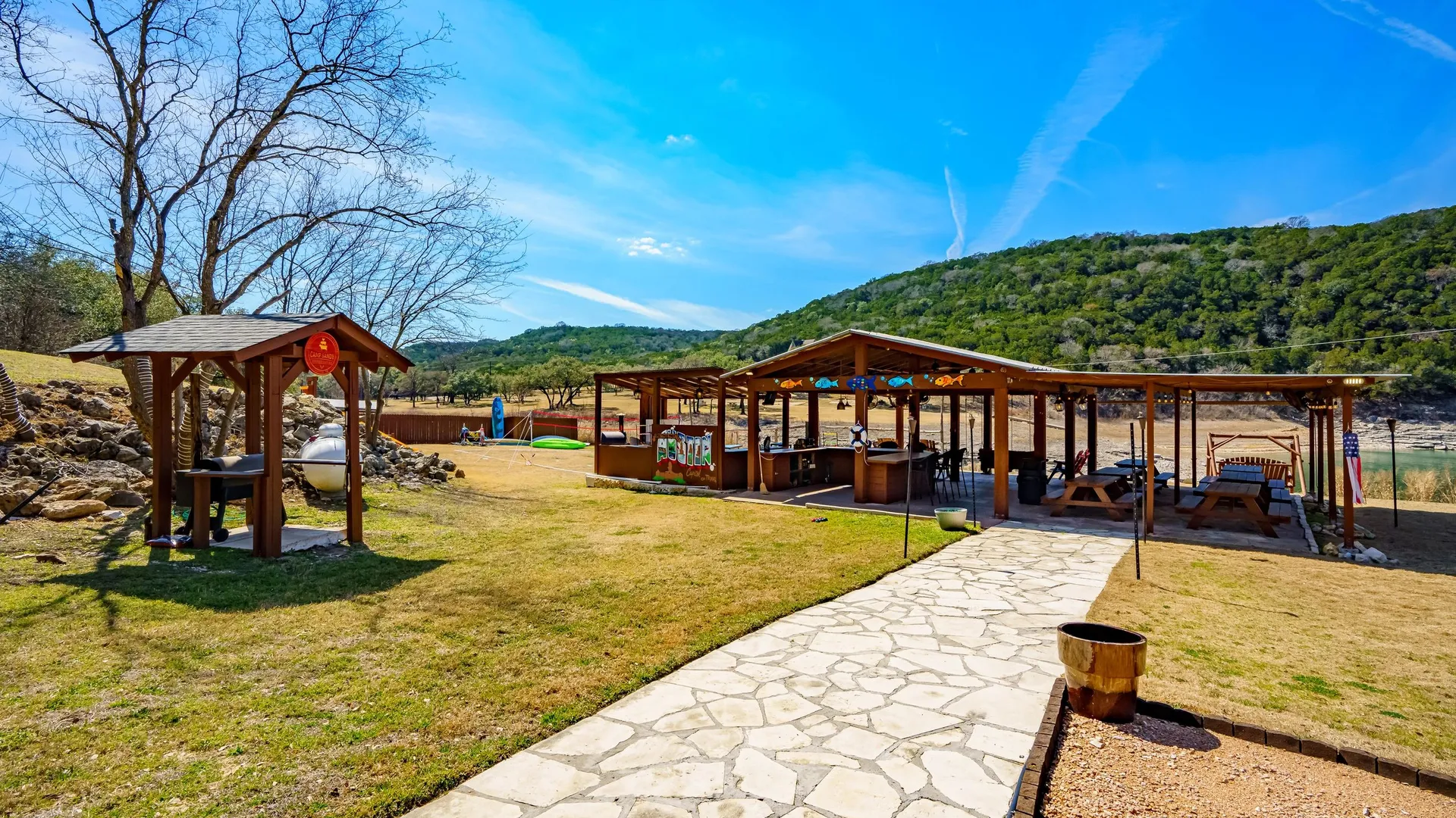 Covered pavilion at Camp Sandy — corporate retreat setting